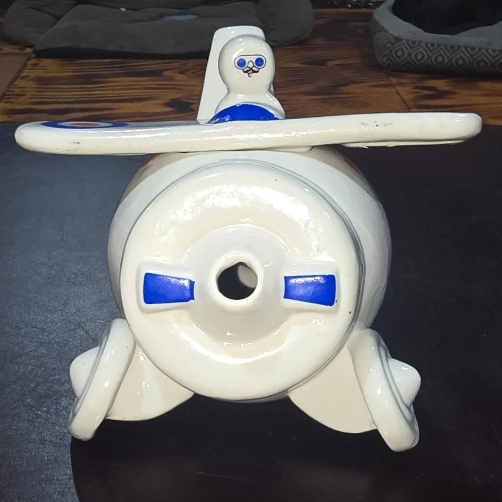 Vintage Ceramic Biplane Novelty Teapot White with Blue and Red Roundel Pilot Lid
